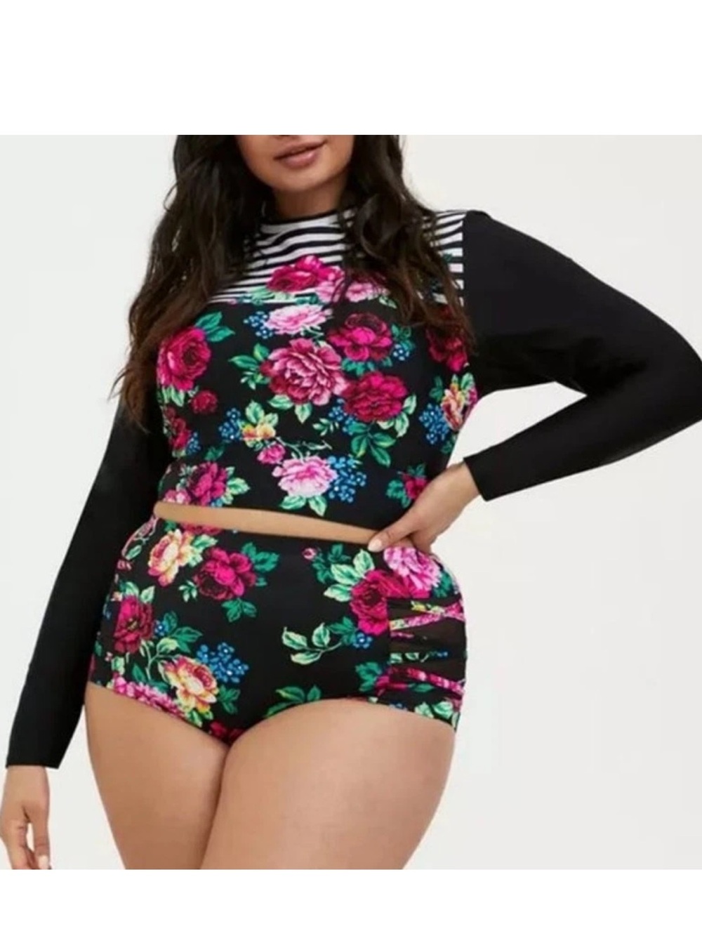 Torrid Black Floral & Stripe Long-Sleeve Swim Top Rash Guard Like New Size 2 2X - Picture 5 of 6